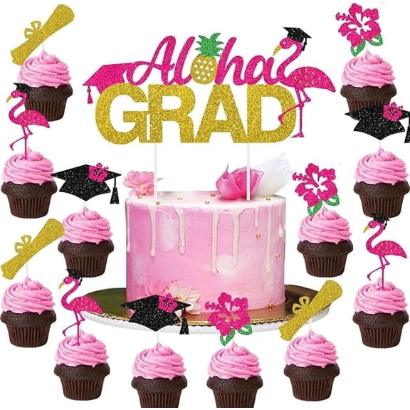 Tropical Graduation Cake Topper Set, Aloha Grad Glitter Cake Pick and 24 Small Cupcake Toppers with Flamingo, Hibiscus, Cap and Diploma for Luau Graduation Party Decor