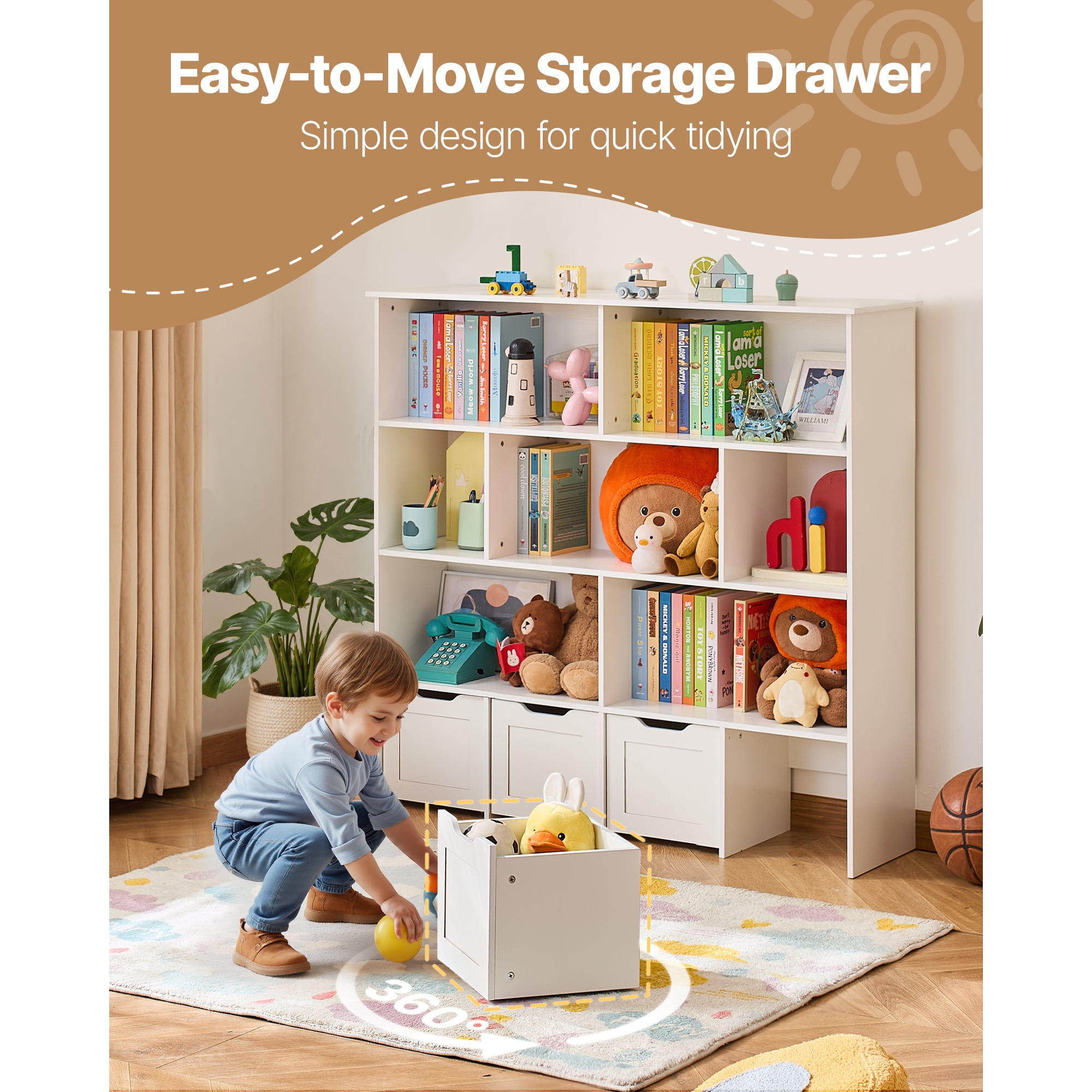 KFFKFF Wooden Kids Storage Organizer with Bookshelf, Toy Cabinet Featuring 4 Movable Drawers, Ideal for Bedroom, Nursery, Living Room, Entryway, or Preschool, White