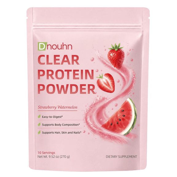 DNOUHN Clear Protein, Whey Protein Isolate with Collagen Peptides and Digestive Enzymes, 20g Protein, Sugar Free Post Workout Drink Mix, 90 Calories, Strawberry Watermelon, 10 Servings