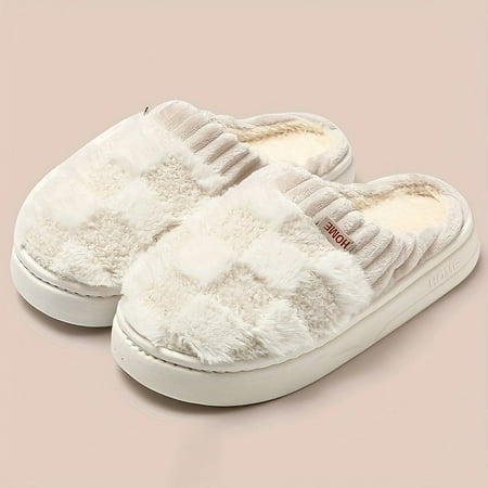

Checkered Plush Platform Slippers Comfortable Closed Toe Soft Sole Fuzzy Shoes Winter Warm Home Slippers