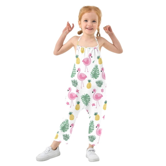 Girls' Jumpsuits Rompers Summer Casual Sleeveless Rompers With Pockets Spaghetti Strap Romper Flamingo and Pineapple Pattern 1T
