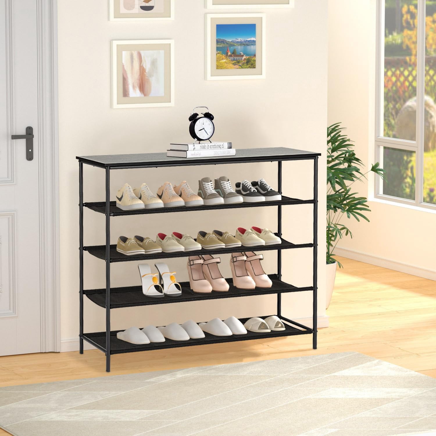 PayLessHere 5 Tier Shoe Rack Shoe Bench Shoe Rack Shelf with Steel Frame Standing for Closet Entryway Hallway Corridor Storage Organizers (Black)