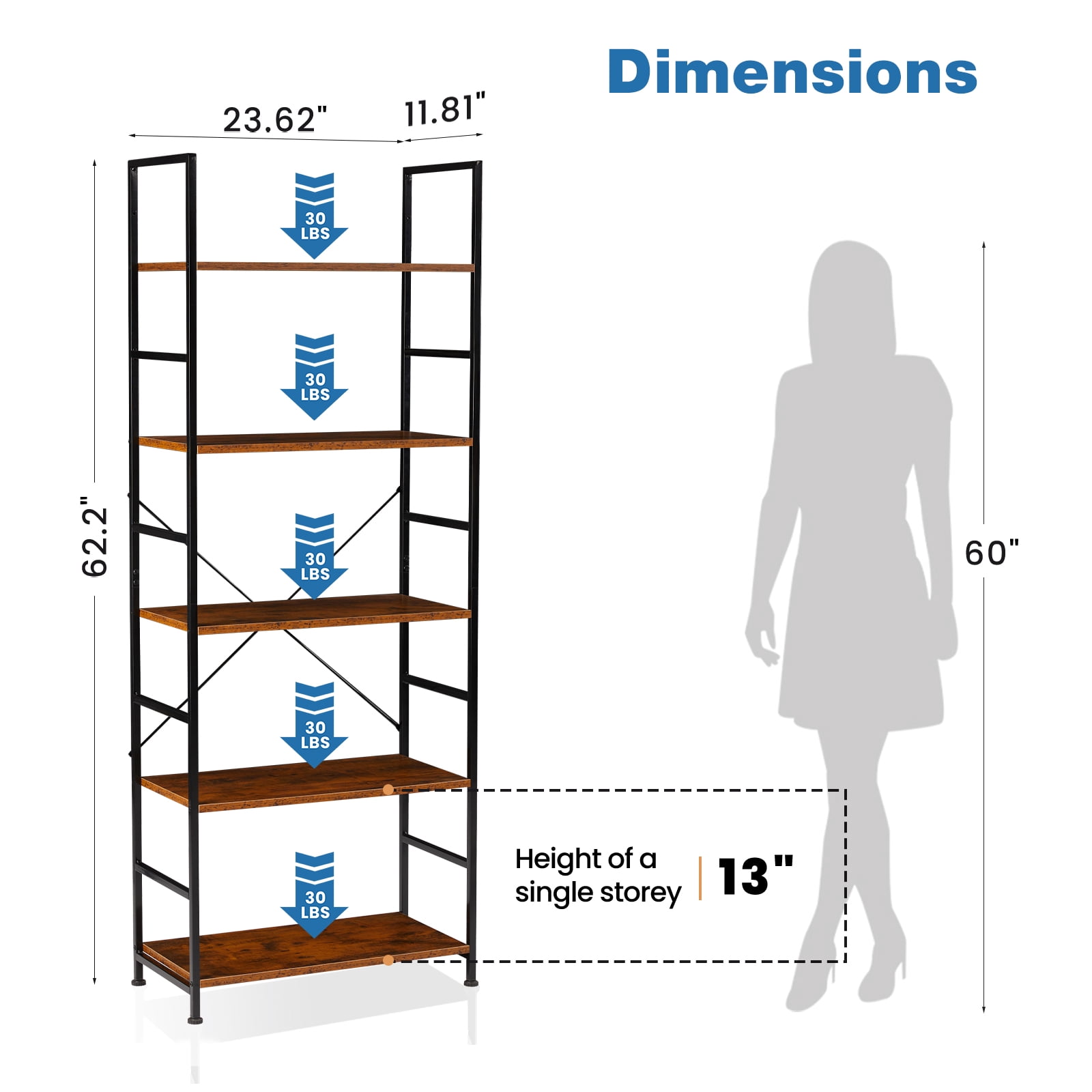 GIANNA 5 Tier Bookshelf, Tall Bookcase Shelf Storage Organizer, Modern Book Shelf for Bedroom, Living Room and Home Office, Rustic Brown