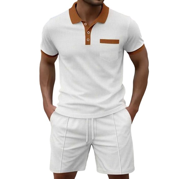hotojiny Mens Summer Track Suits 2 Piece Shorts Sets Stylish Colorblock Short Sleeve Golf Shirt Bermuda Shorts Sweatsuit Outfits(White,X-Large)