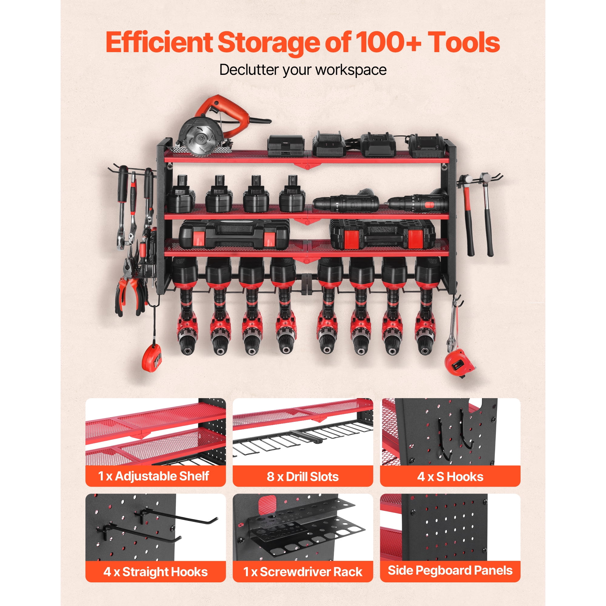 KFFKFF Wall-Mounted Power Tool Organizer, 4-Tier Storage Rack with 8 Drill Slots, Tool Holder and Rack with Side Pegboards, Ideal for Garage, Workbench, and Workshop Organization