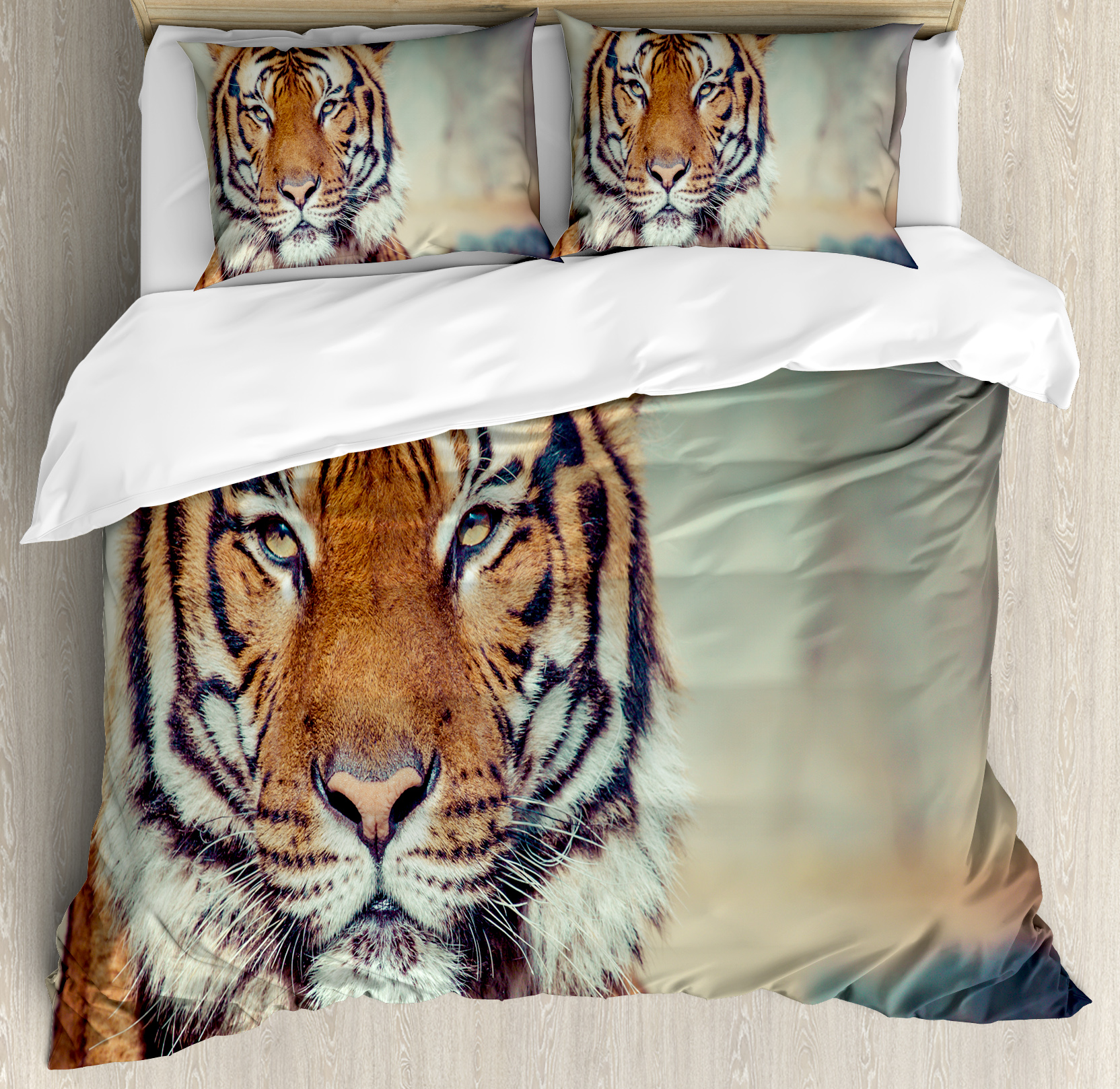 Tiger Duvet Cover Set, Large Feline in a Calm State with Blurred