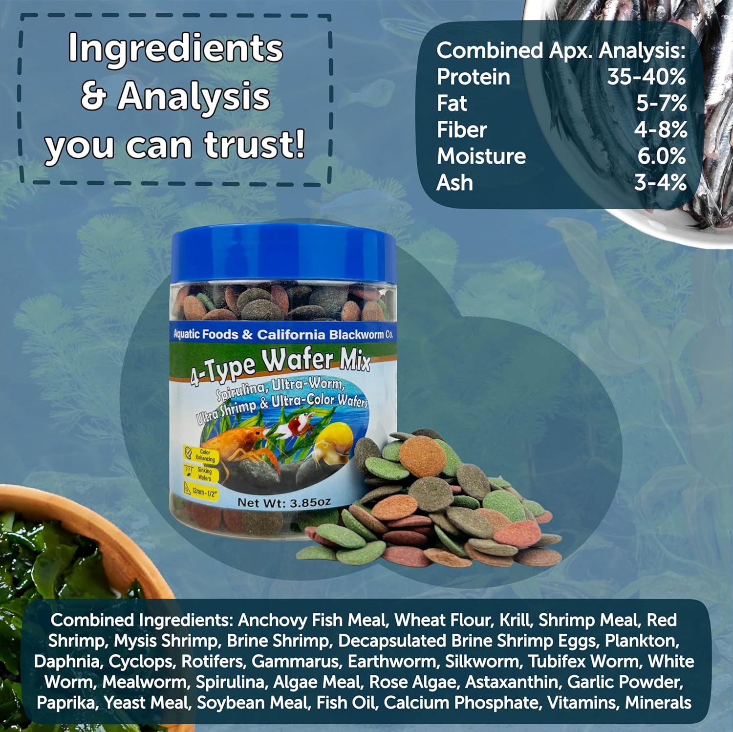 12mm - 1/2" Sinking Wafer Mix of Spirulina-Algae, Shrimp, Worm, Color Enhancing for Snails, Shrimp, All Fish, 12-Type Pellets Included 14.8oz Canister