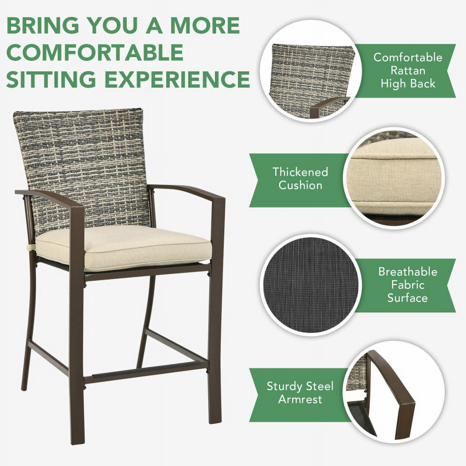 Aimee Lii 3 Pieces Rattan Bar Furniture Set with Slat Table and 2 Cushioned Stools, Outdoor Patio Furniture, Brown Aimee Lii 3 Pieces Rattan Bar Furniture Set with Slat Table and 2 Cushioned Stools, Outdoor Patio Furniture, Brown