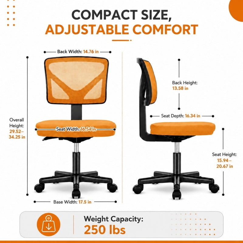 BEAUTYPEAK Desk Chair with Y-Shaped Lumbar Support Adjustable Armless Mesh Office Chair with Wheels for Home Office, Orange