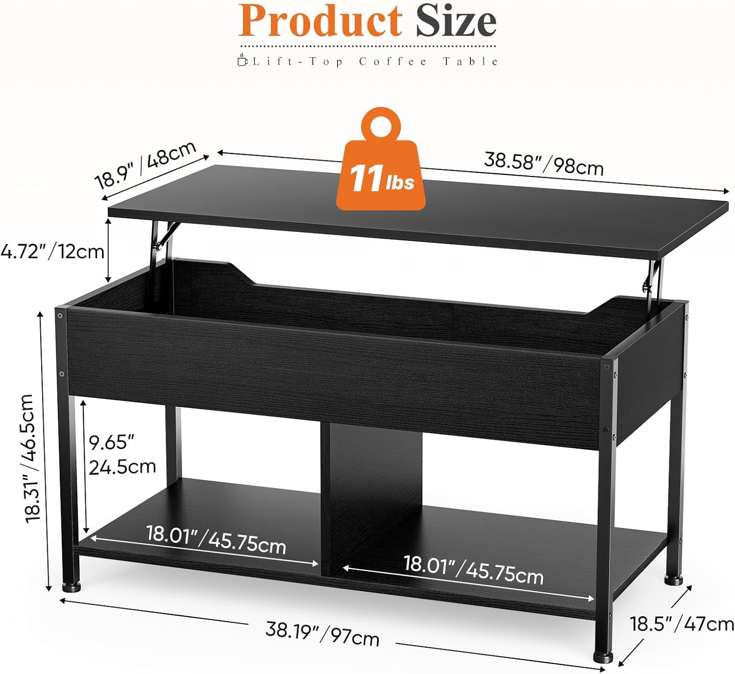 Coffee Table, Lift Top Living Room Coffee Table, Dining Center Tables with Storage Shelf and Hidden Compartment, Black