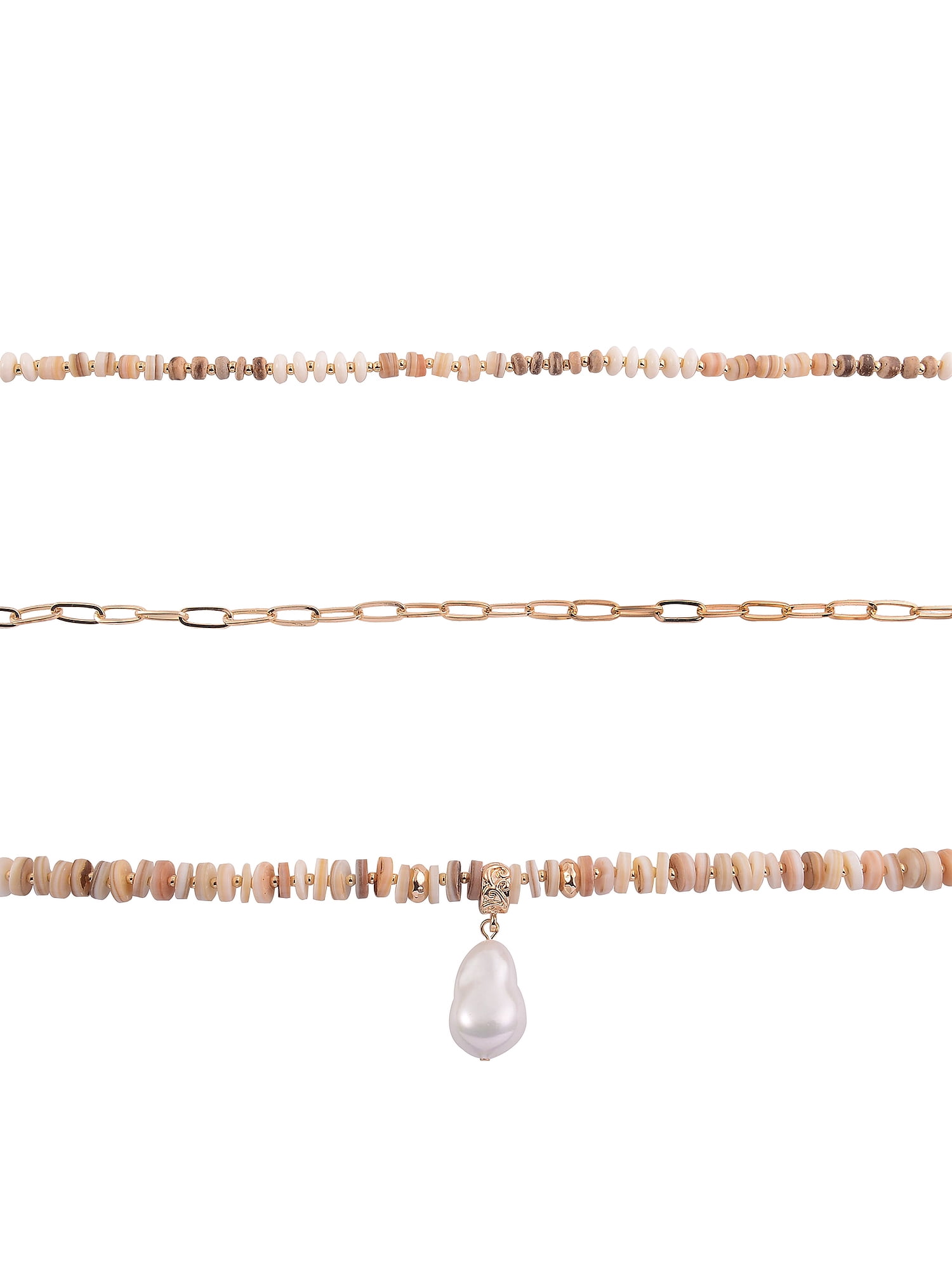 Time and Tru Adult Female Gold-Tone Metal Heishi Shell Beads, Oval Cable Chain, and Acrylic Beads and Pearl 3 Row Necklace