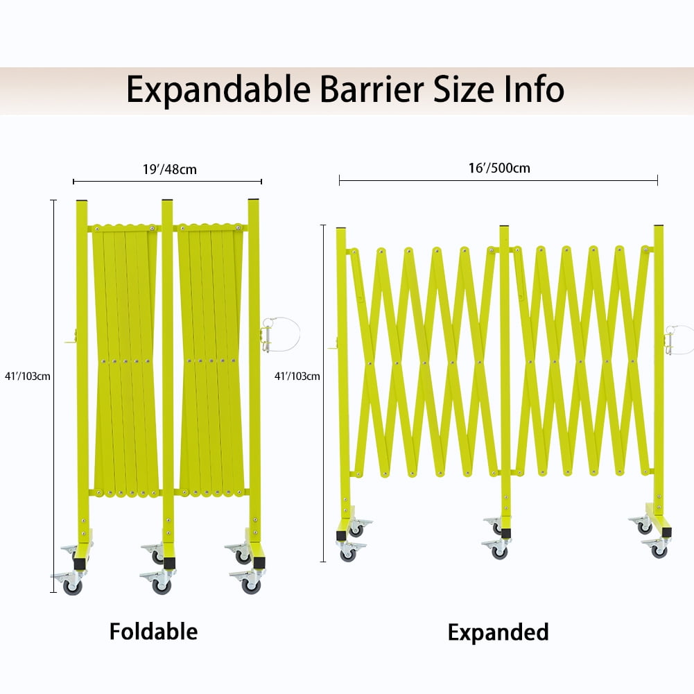 Easily Assembled Expandable Metal Barricade, 16 FT, Matte Yellow, Folding Security Gate Safety Barrier with Casters, Flexible Mobile Barrier Gate