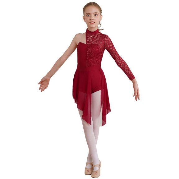 Haitryli Kids Girls One Shoulder Ballet Dance Leotard Lyrical Dress Modern Contemporary Ballroom Dress Burgundy 12