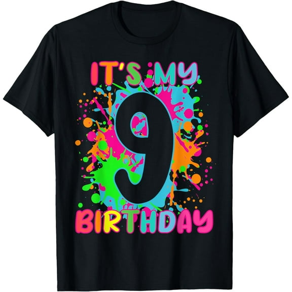 9th Birthday paint splashes T-shirt kids, girls, boys 9 year T-Shirt