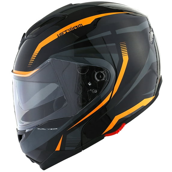 1Storm Motorcycle Street Bike Modular/Flip up Dual Visor/Sun Shield Full Face Helmet HG339 Storm Tron Orange
