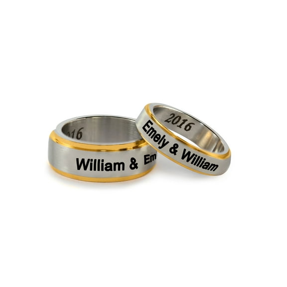 Personalized Stainless Steel Couples Spinner Ring with Gold Tone Edging For Him