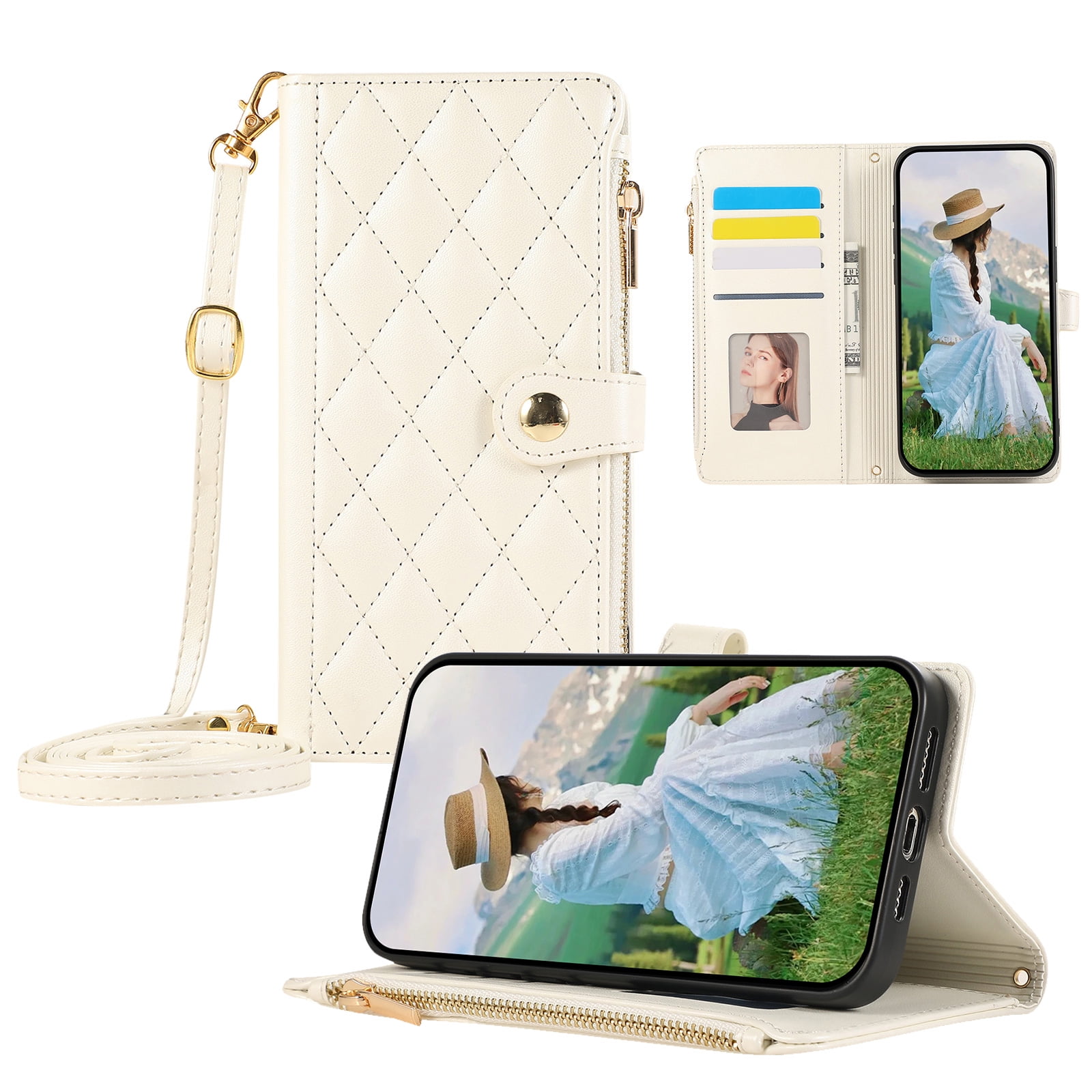 ELEHOLD Case for iPhone XS Max, Shockproof PU Leather Zipper Wallet Case with Card Holder & Crossbody Lanyard & Wrist Strap,Beige