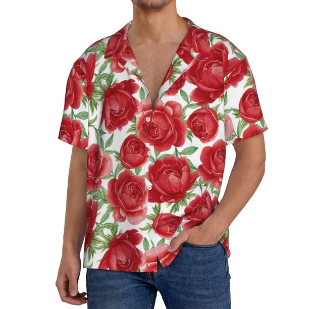 Balery Rose Flowers Camisa Casual de Manga Corta con Botones para Hombre, Texturizada, Estilo Cubano, para Playa, Verano-X-Large