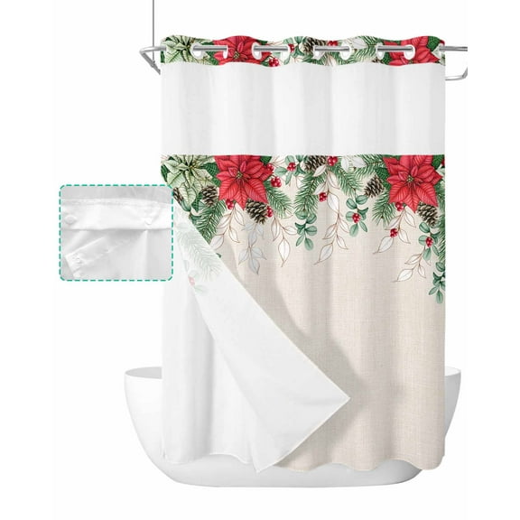 No Hook Shower Curtain with Snap in Liner, Christmas Poinsettia Cardinals in Cotton and Linen Hotel Shower Curtains for Bathroom, Washable Shower Curtain Liner Set with Mesh Top Window, 48"x72"