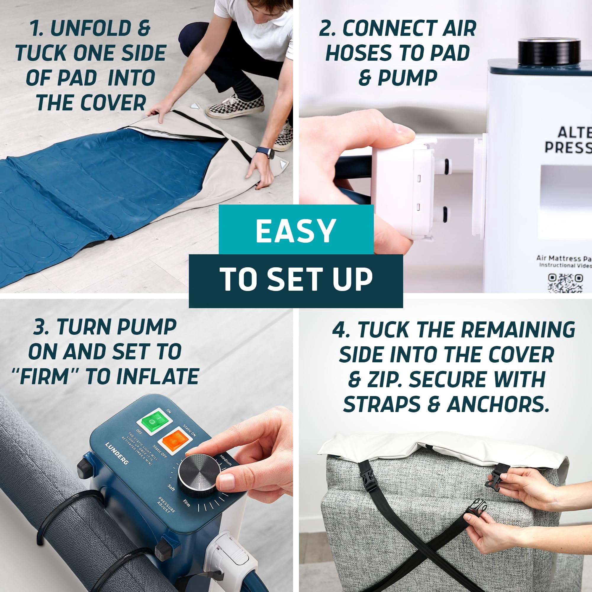 Lunderg Alternating Air Pressure Pad for Recliner Chair - Pressure Relief Cushion Topper for Recliner - Bed Sore Prevention - Medical Grade Mattress Pad, Cover & Quiet Pump - Home or Hospital (Cream)
