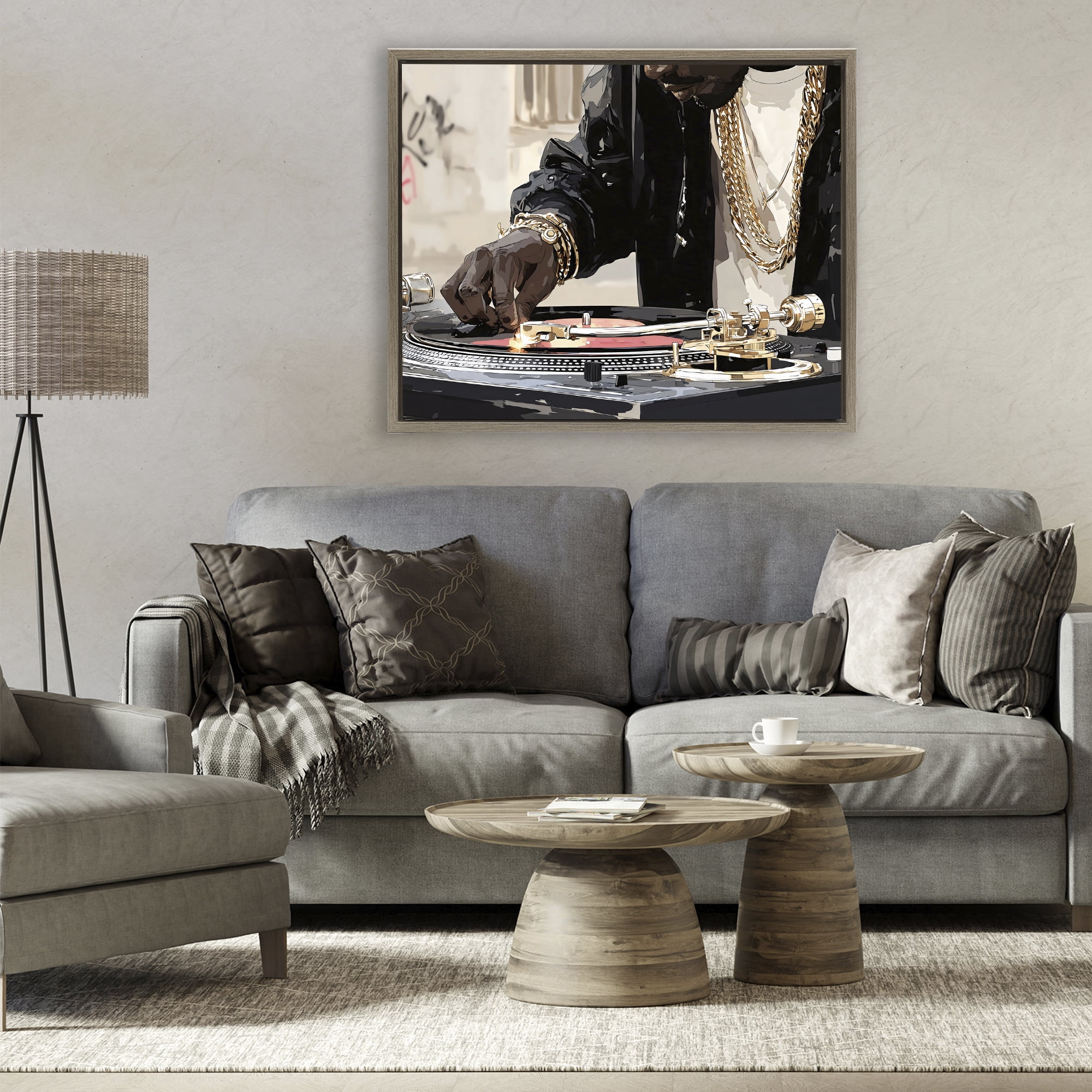 Stupell Industries Golden Touch on DJ's Turntable Brown Framed Floater Canvas Wall Art, design by Franklyn Gregory