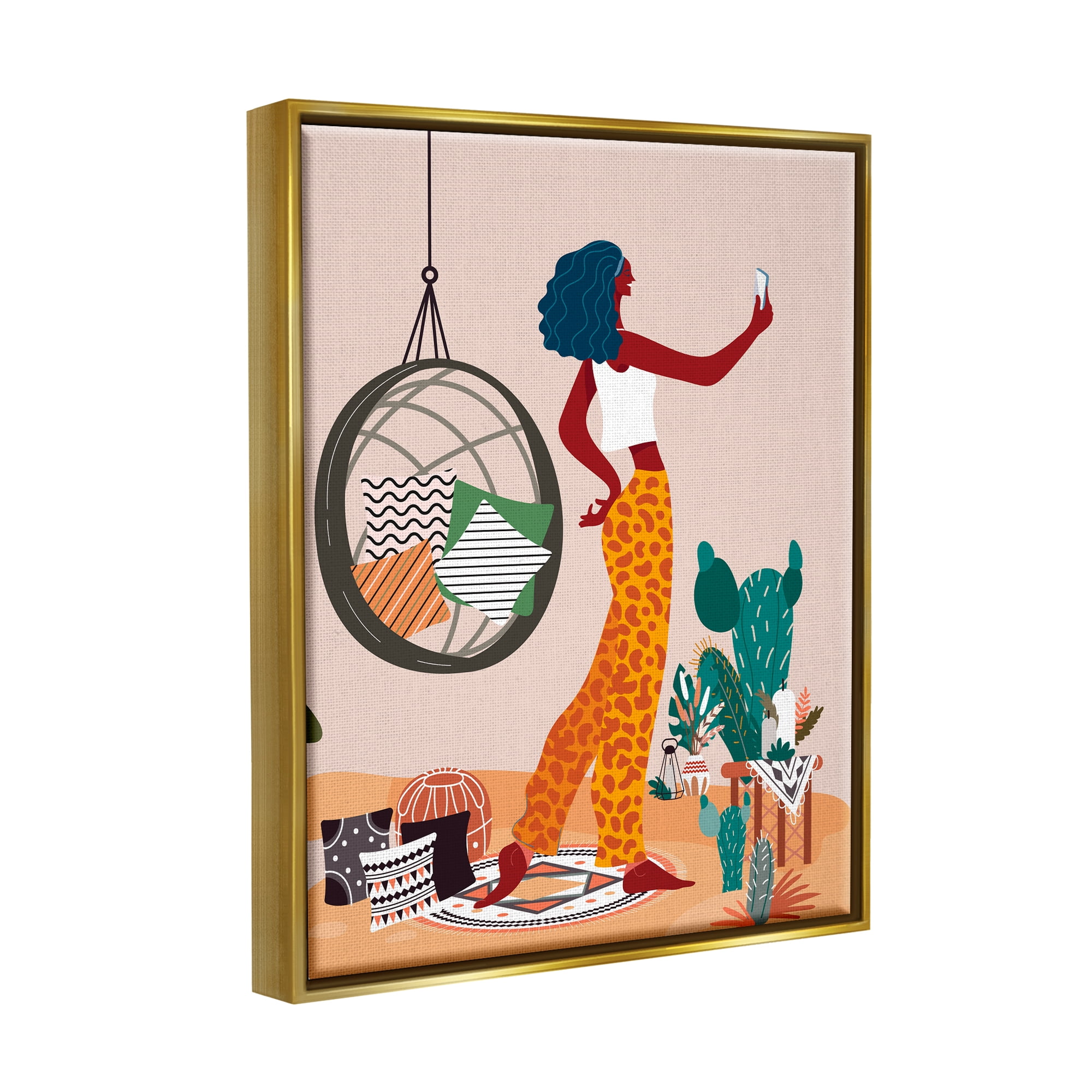 Stupell Industries Boho Girl with Plants Botanical & Floral Painting Gold Floater Framed Art Print Wall Art, 25 x 31
