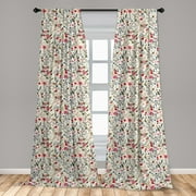 Floral Curtains 2 Panels Set, Vibrant Colored Complex Image Birds with Roses Leaves and Polka Dots Nature Scenery, Window Drapes for Living Room Bedroom, 56"W X 95"L, Multicolor, by Ambesonne
