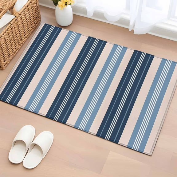 2x3 Ft Entryway Area Rug, Blue Beige Striped Kitchen Rug Runner Washable Floor Mat, Modern Stripes Art Farmhouse Non Slip Indoor Door Mat Throw Carpet for Bathroom Living Room Bedroom