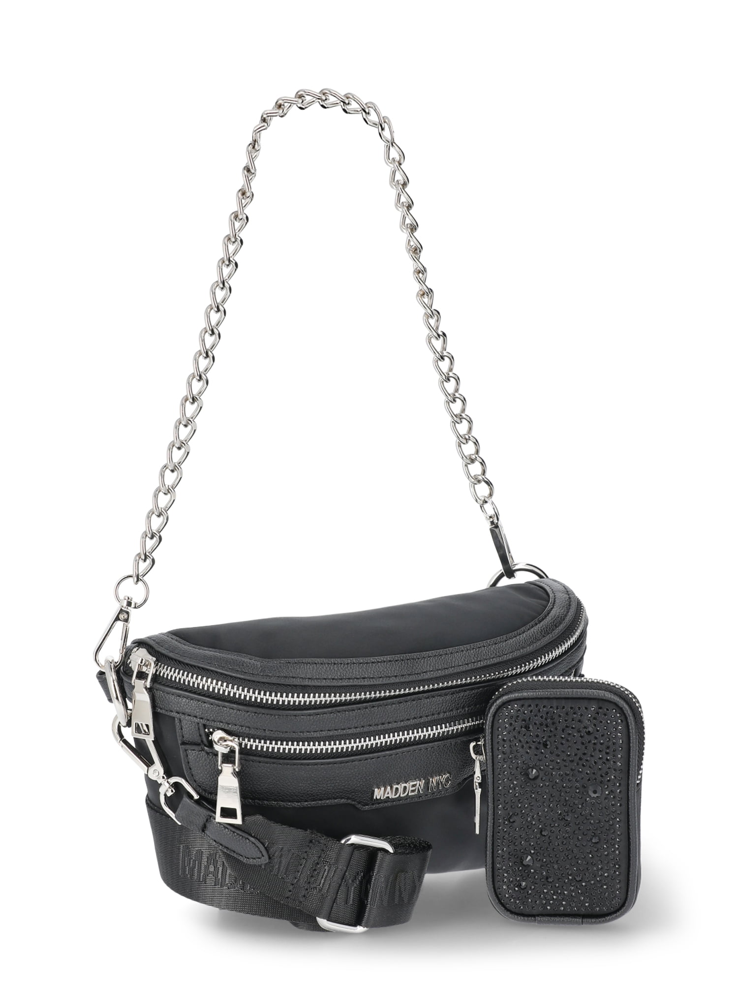 Madden NYC Women's Chain Pocket Fanny Pack with Pouch, Black