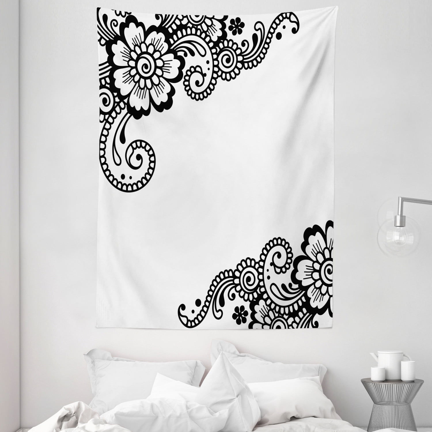 Henna Tapestry, Floral Corner Ornaments with Swirls and Blossoms Monochrome Folkloric
