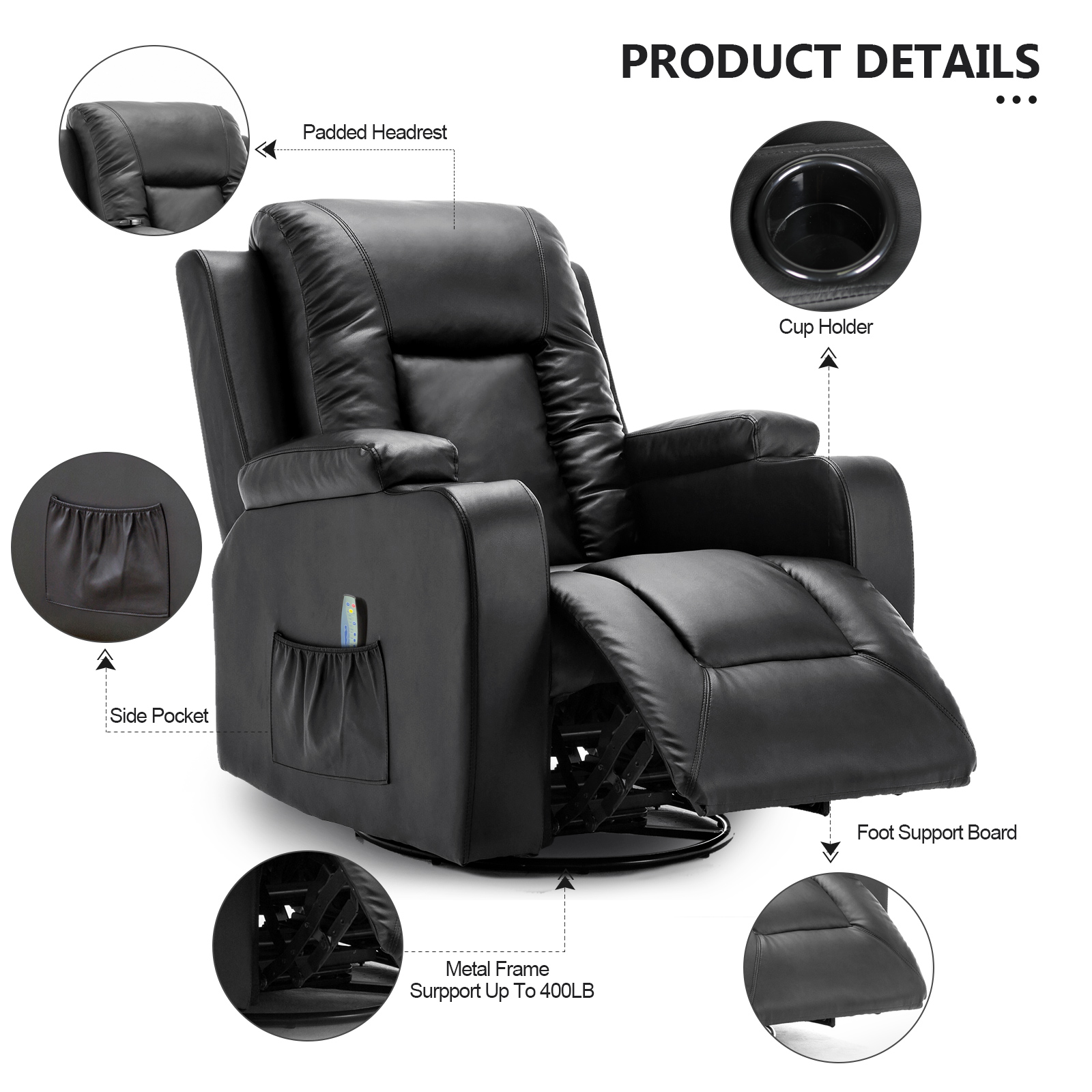 COMHOMA Swivel Rocker Recliner Chair PU Leather Rocking Sofa with Heated Massage, Black - image 5 of 8