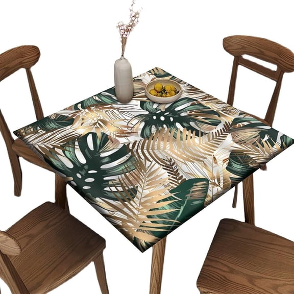 Fitted Elastic Edge Square Tablecloths, Green and Golden Leaves Polyester Table Cover, for Kitchen Dining Party Patio Tabletop Decoration, Fit for 36" x 36"Square Table