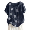 thumbnail image 2 of CHOK Hauts d'Été pour Femmes Tendance Lin Coton Confortable Manches Courtes Chemises Habillées Blouses Col Rond Hauts d'Été 2024 Imprimé Floral T-Shirts Décontractés Tunique Plus, 2 of 4
