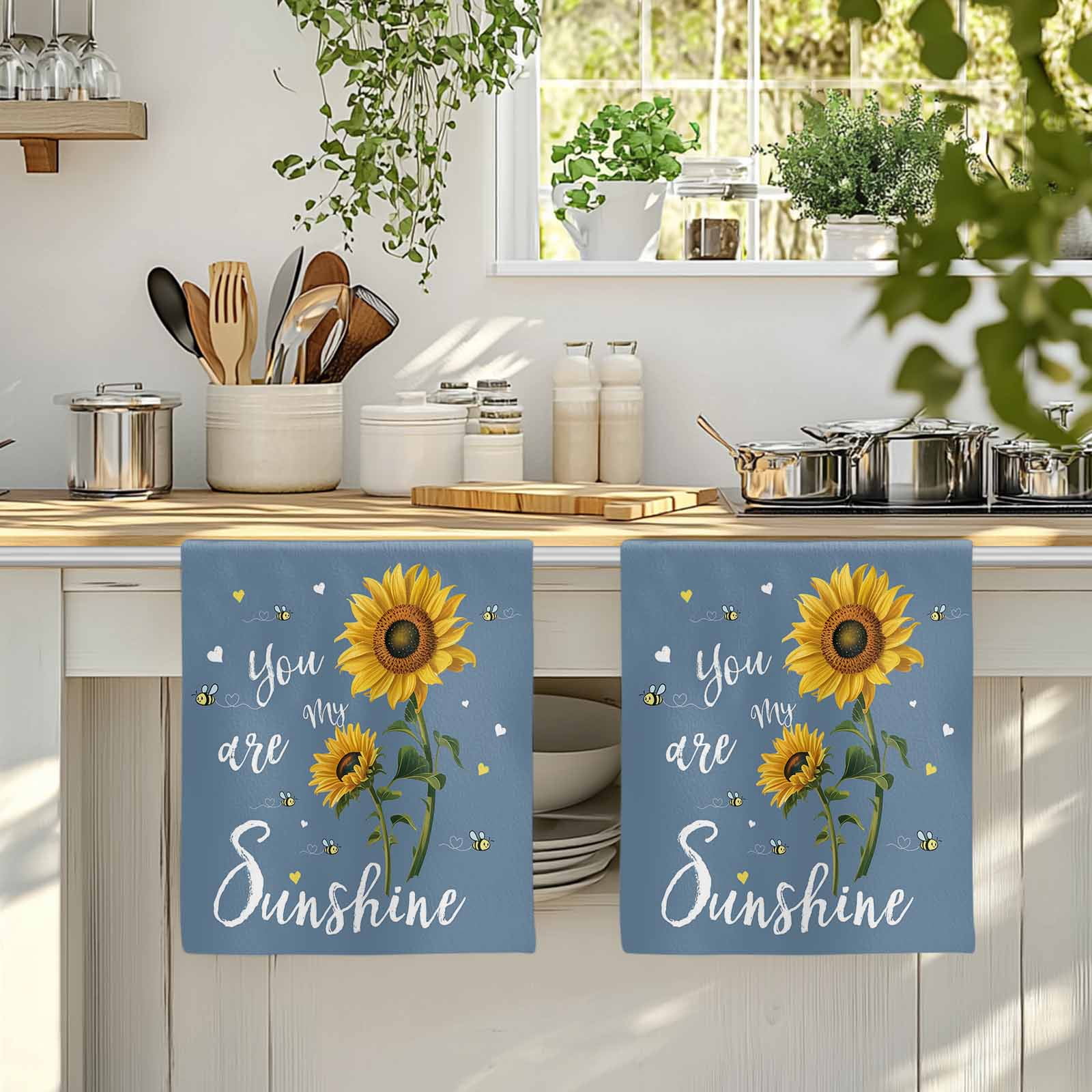 Dish Towels, You Are My Sunshine Absorbent Kitchen Towels 2 PCS, Bee Heart Floral Haze Blue Microfiber Hand Towels Dish Cloths Tea Towels for Home&nbsp;Bathroom Cleaning Drying,18X28-Inch,