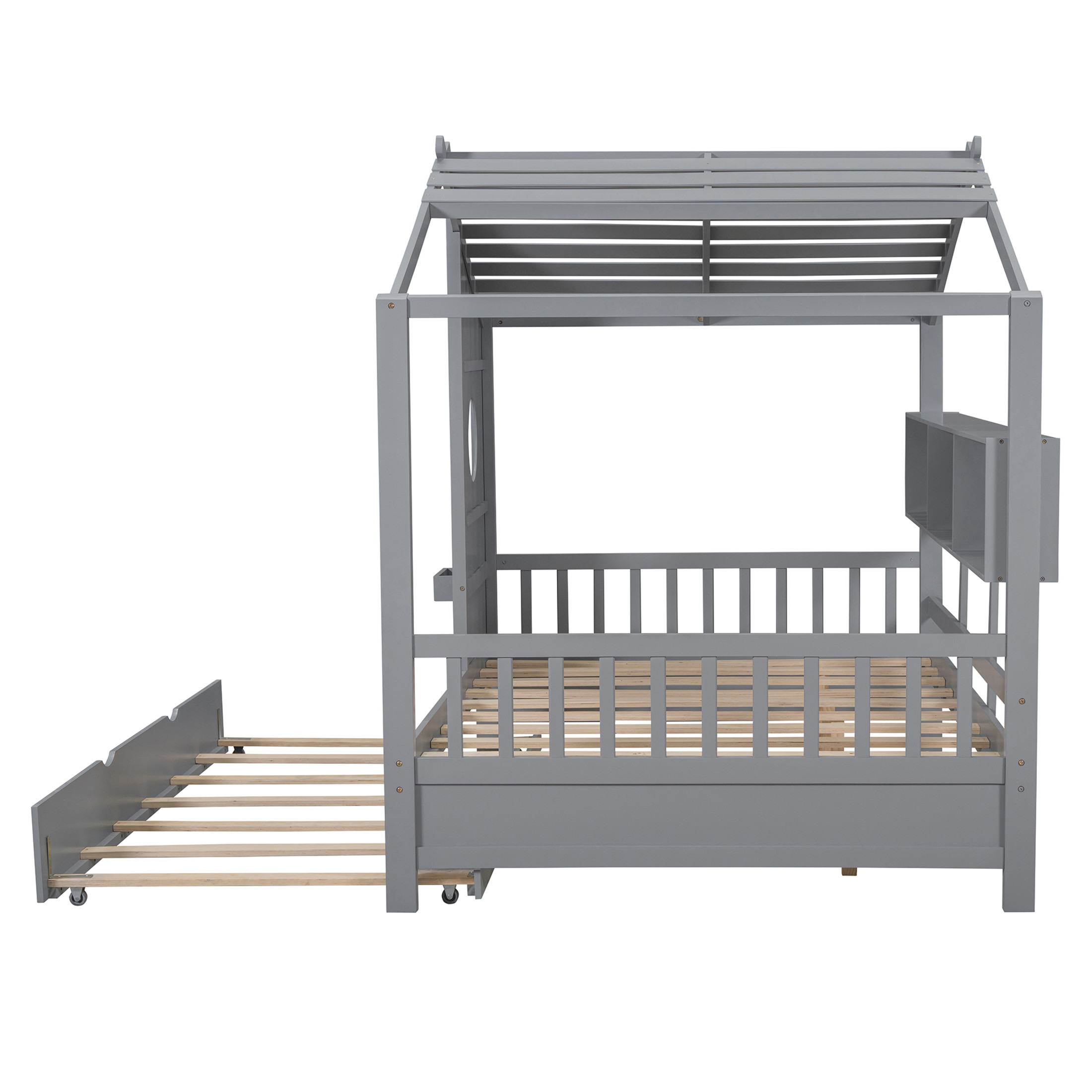 Noble House Wooden Full Size House Bed With Trundle, Modern Design for Kids with Storage Shlef, Gray