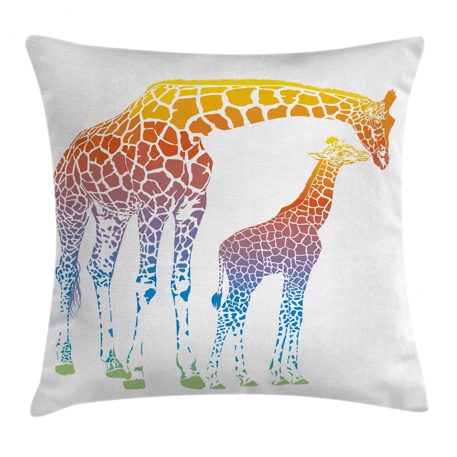 Giraffe Throw Pillow Cushion Cover, Mom and Kid Giraffe in Rainbow Colors Abstract Art