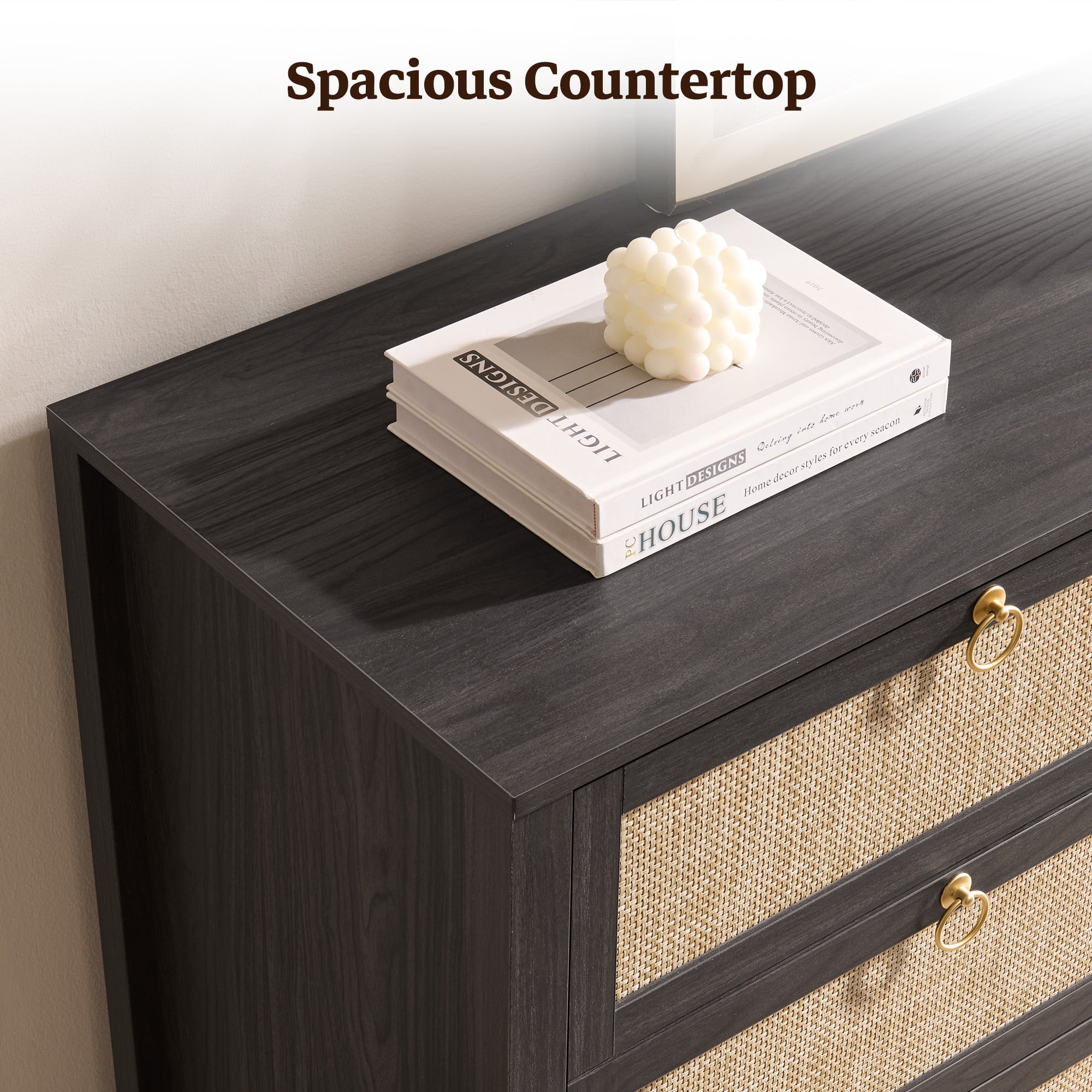 SICOTAS 51.14" Wide 6-Drawer Rattan Dresser, Large Boho Chest of Drawers with gold handle for Bedroom, Coastal Bedroom Furniture Set in Blacklack Oak