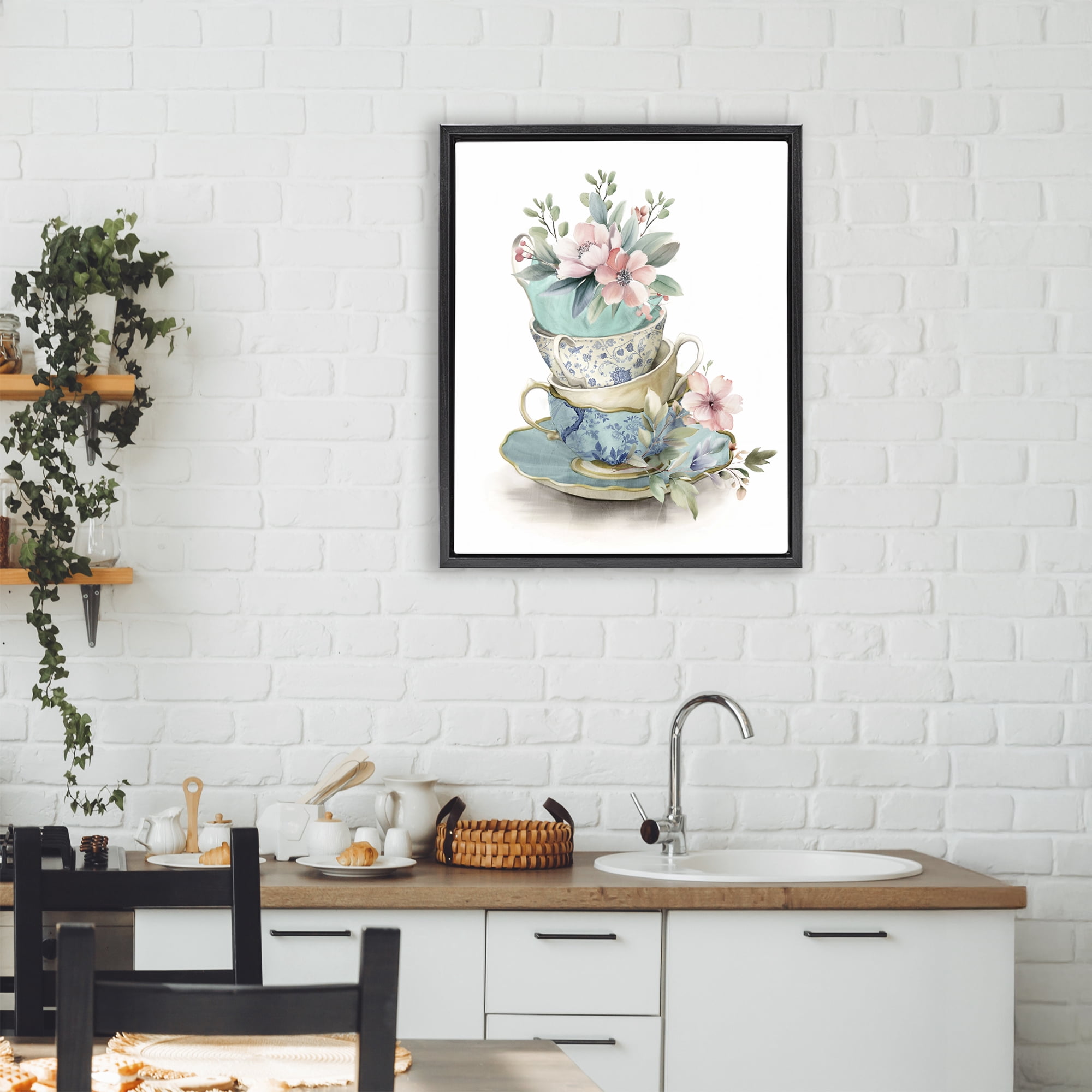 Stupell Industries Tea Cup Chinoiserie Blossoms Black Framed Floater Canvas Wall Art, design by Kim Allen