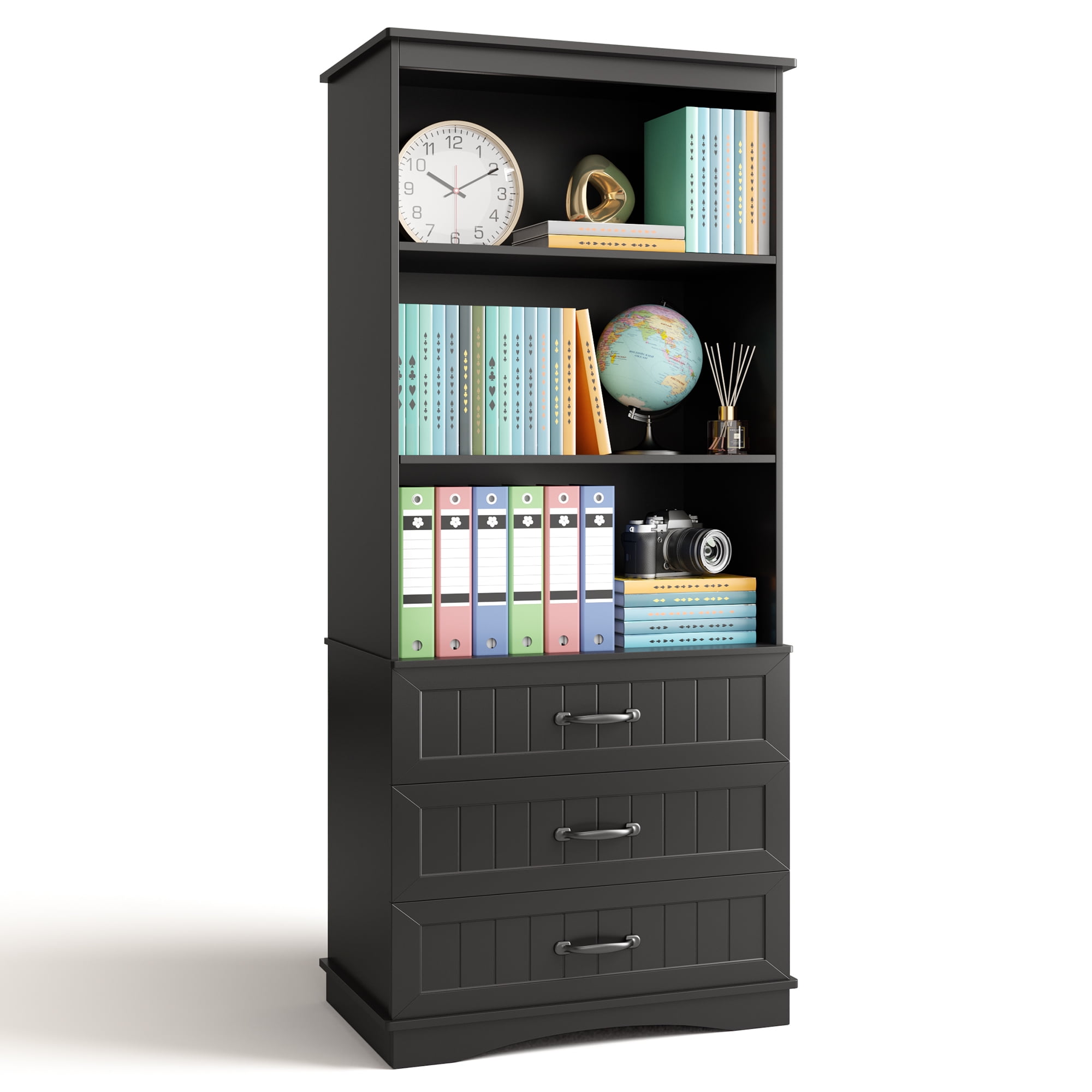 69.7" Tall Bookshelf, Lofka Bookcase with 3 Large Drawers, 3 Tier Storage bookshelf for Home Office, Living Room, Black