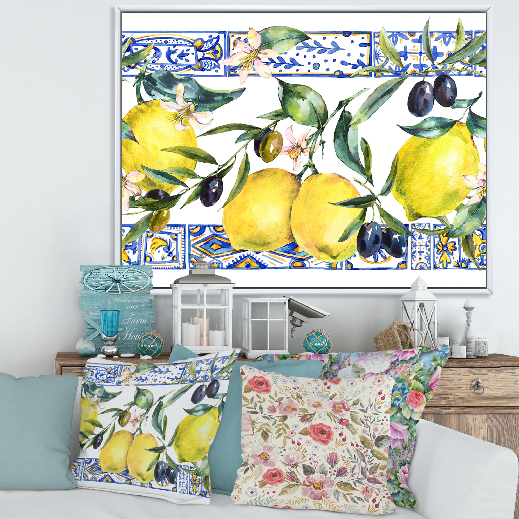 Designart 'Geometrical Pattern of Lemon Ornament On Blue II' Tropical Framed Canvas Wall Art Print