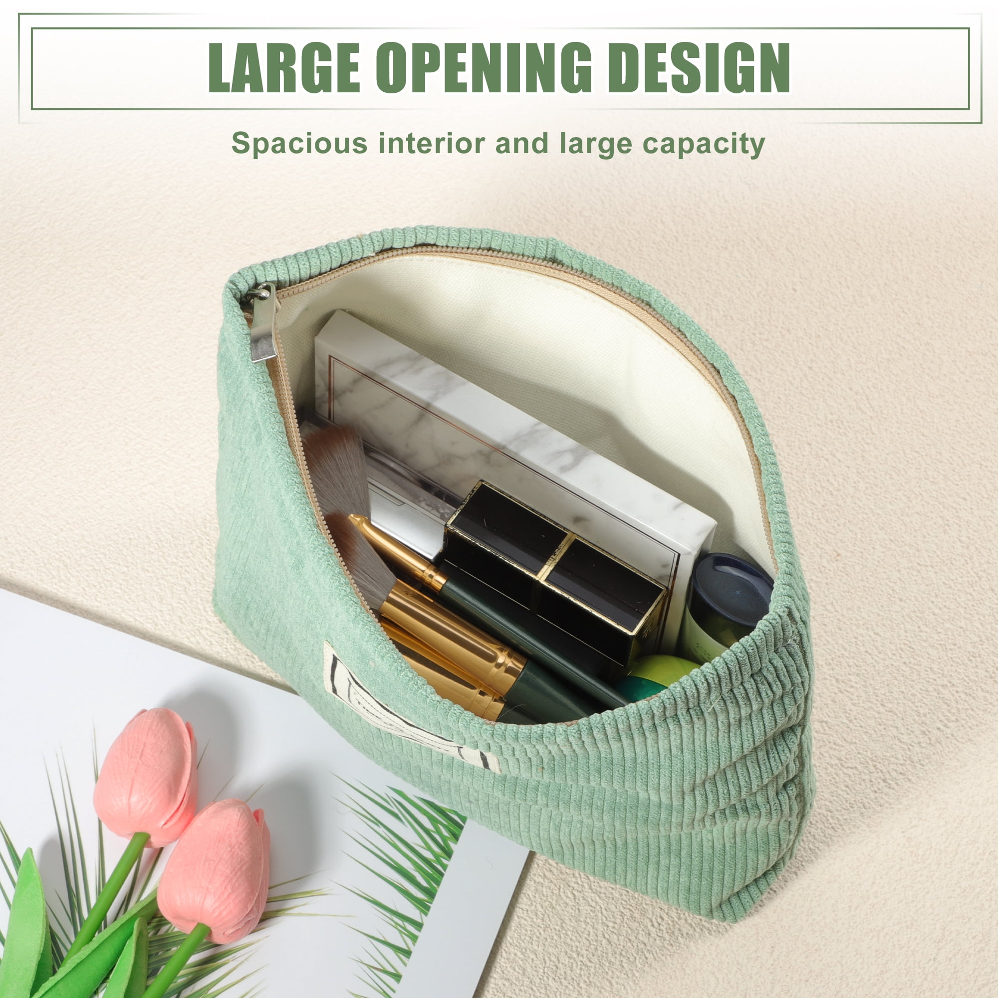 Unique Bargains Women Corduroy Makeup Bags Corduroy Cosmetic Bag Zipper Makeup Pouch Green