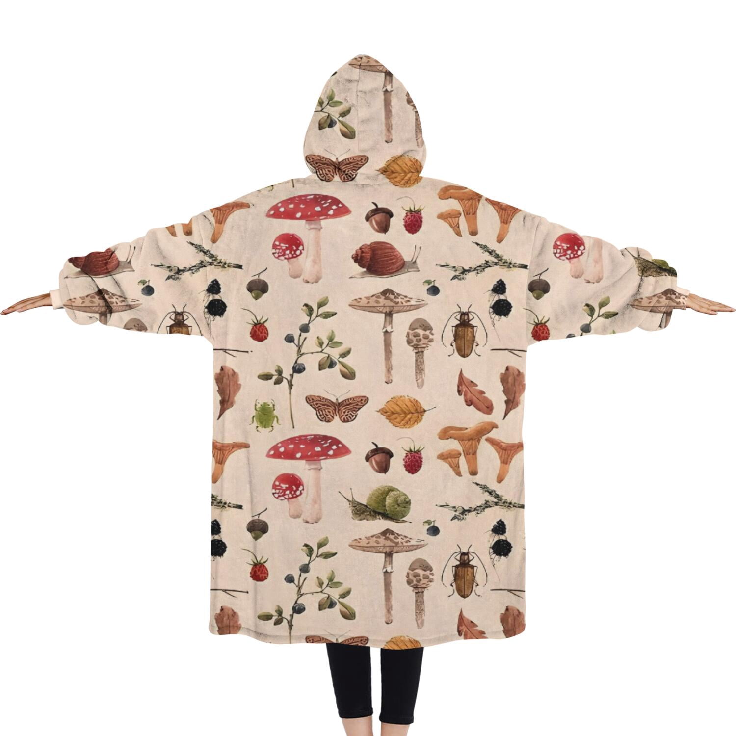 Oversized Wearable Blanket Hoodie,Red Mushroom Insect Light Pattern Sherpa Blanket Hoodie with Super Pockets,Super Warm Fuzzy Pullover for Women & Men