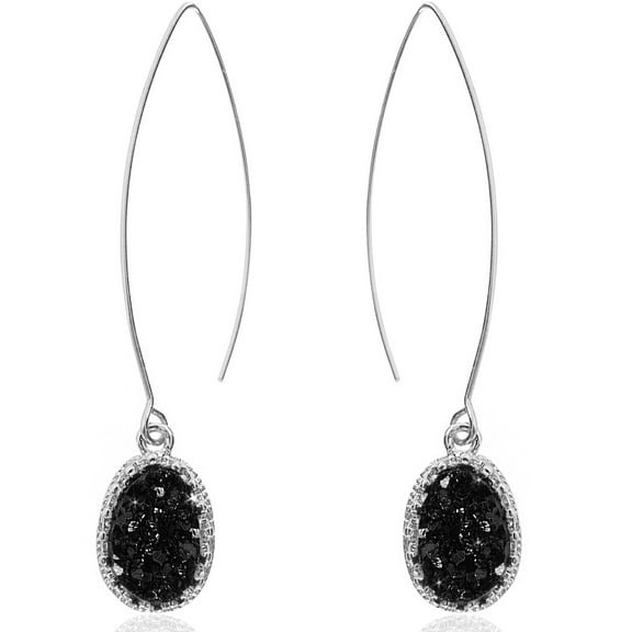 Humble Chic Black and Silver Earrings Dangling - Black Druzy Long Threaders