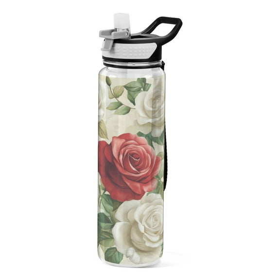 Qxltty Red White Rose Pattern Water Bottle 32 oz with Straw BPA Free Reusable Fitness Sport Bottle Perfect for Travel School Outdoors and Gym