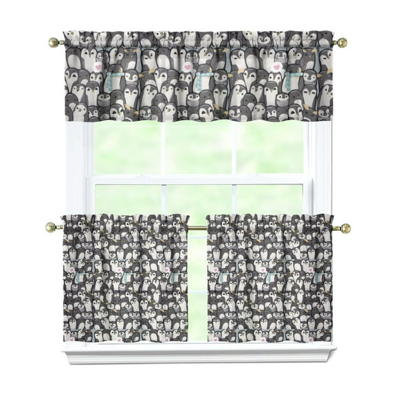 Cute Winter Animal Kitchen Curtains 3 Pack - Snow Penguin & Snowflake Pattern Semi-Sheer Tier Panels with Valance for Small Windows, Easy Care