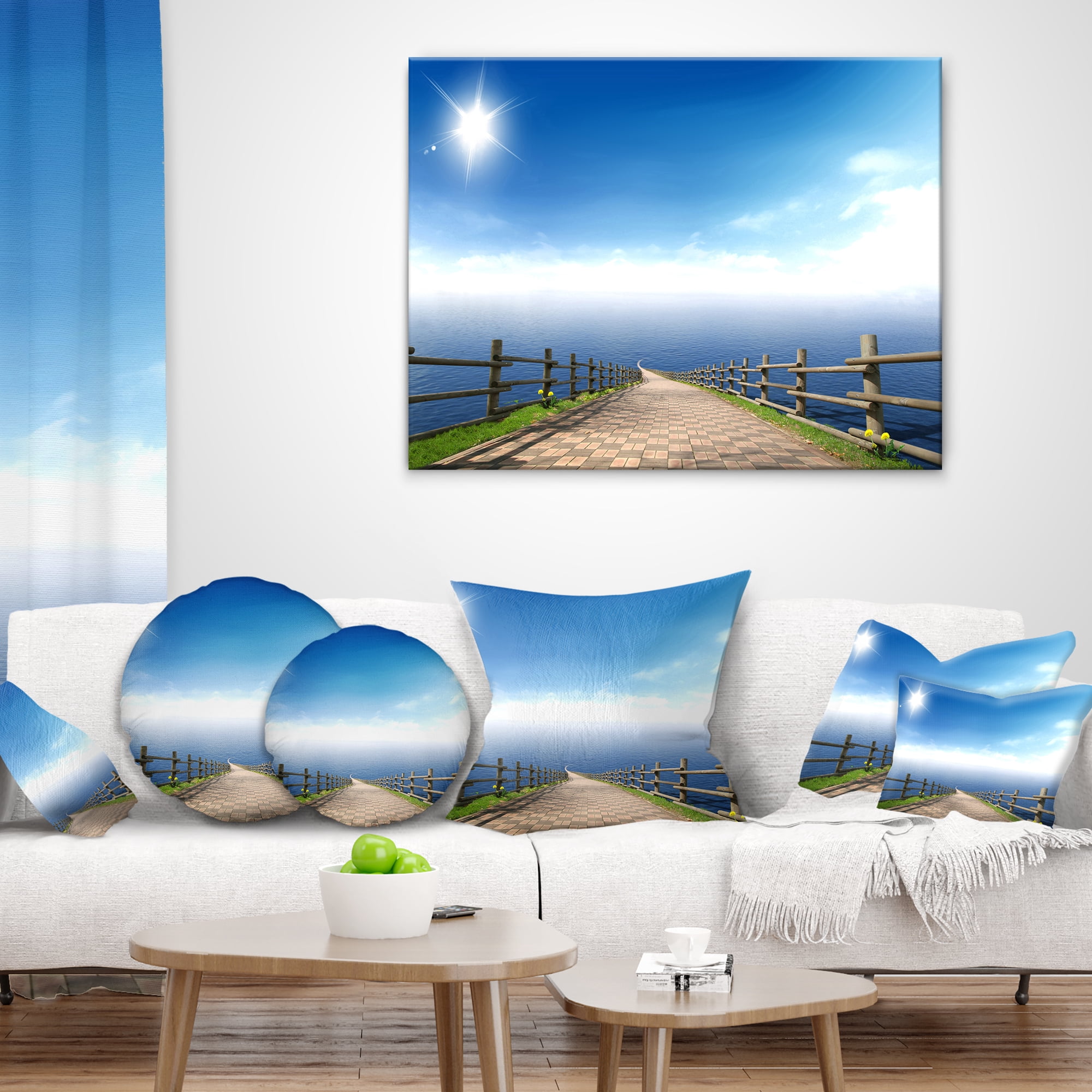 Designart Endless Pier into Blue Sea - Seascape Photography Throw Pillow - 16x16
