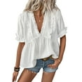 thumbnail image 2 of Women'S Summer Short Sleeve Babydoll Top Ruffle V Neck Dots Flowy Shirt Blouse White XL, 2 of 7
