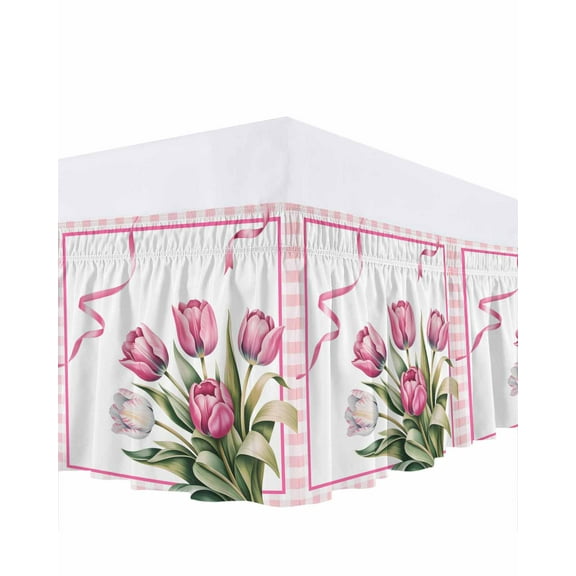 Romantic Tulips Bed Skirt King Size 18 Inch Drop, Rustic Floral Leaf Pink Ribbon Plaid Pastoral Adjustable Elastic Dust Ruffles Bedskirt for King Bed Wrap Around Pleated Mattress Frame Cover