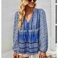 thumbnail image 2 of Blusa de manga larga con escote en V y estampado floral con cordón - Corte holgado para primavera/otoño - Azul L, 2 of 8