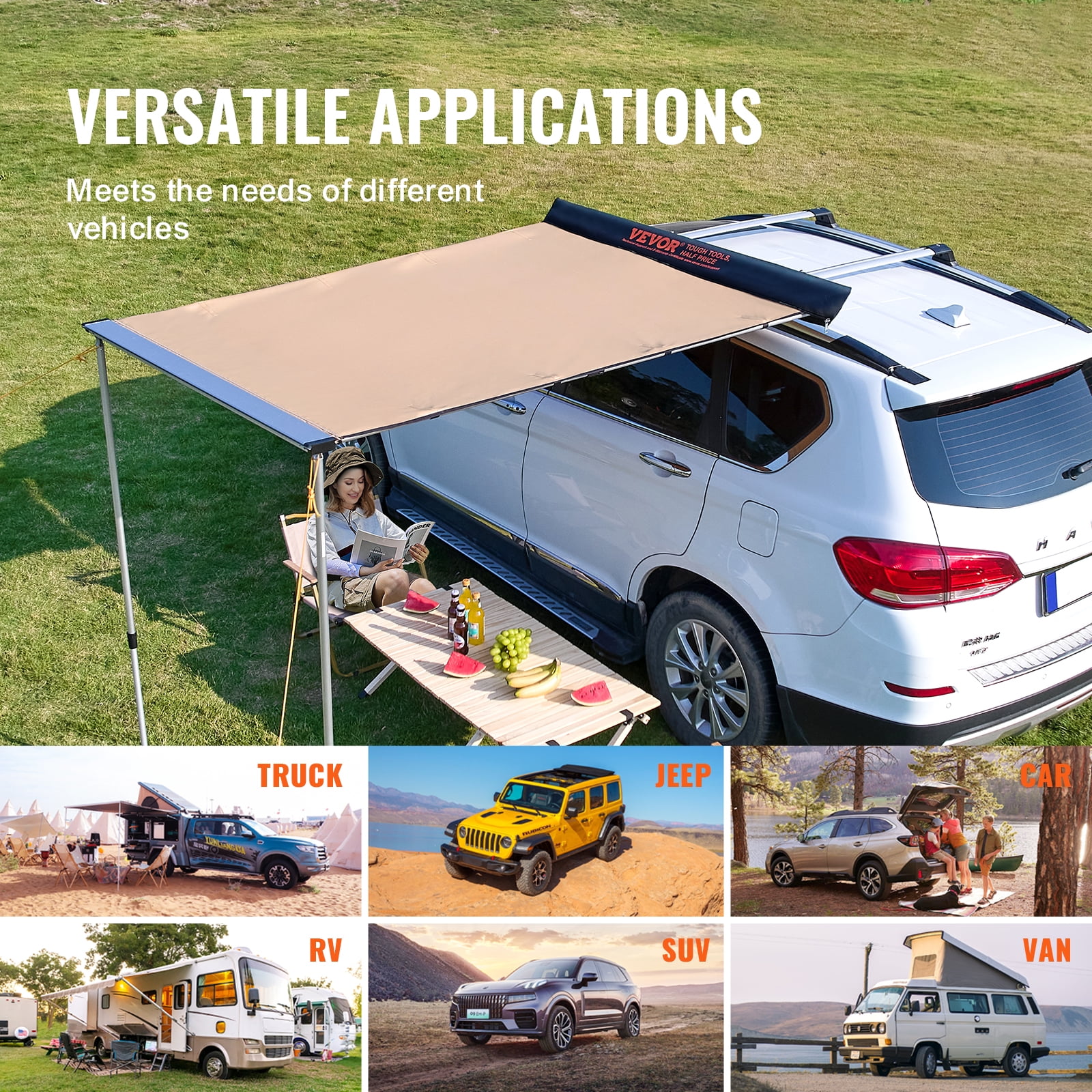 KFFKFF Vehicle Awning 6.6' x 8.2' Shade Coverage Car Side Awning PU3000 mm UV50+